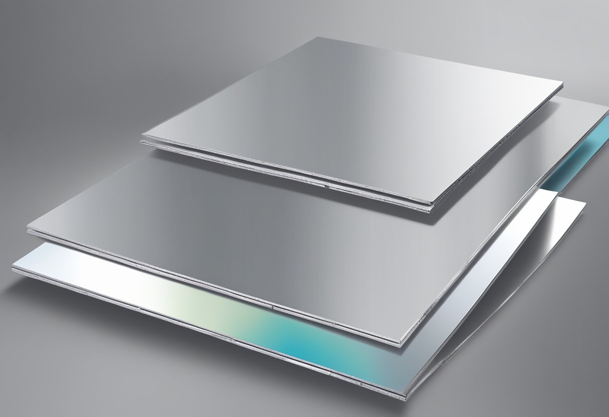 Aluminum sheets cut to size, coated with protective film, and sandwiched with polyethylene core. Panels then pressed and cured for final product
