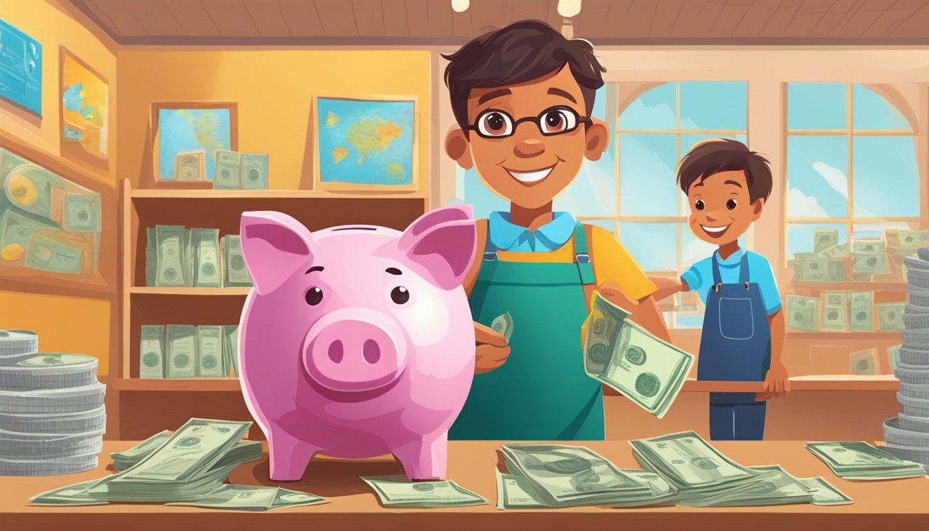 A piggy bank sits on a shelf, filled with coins and bills. A smiling bank teller hands a child a passbook. In the background, a colorful mural of children saving money