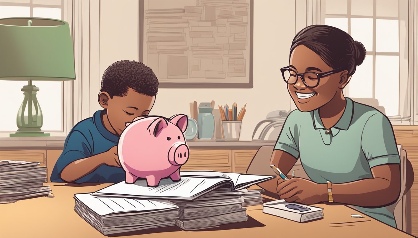 A piggy bank sits on a child's desk, with a stack of coins and a passbook nearby. A parent and child smile while discussing savings