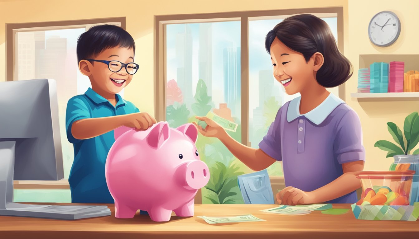 A child eagerly hands over a piggy bank to a smiling bank teller, who is opening a colorful children's savings account in Singapore