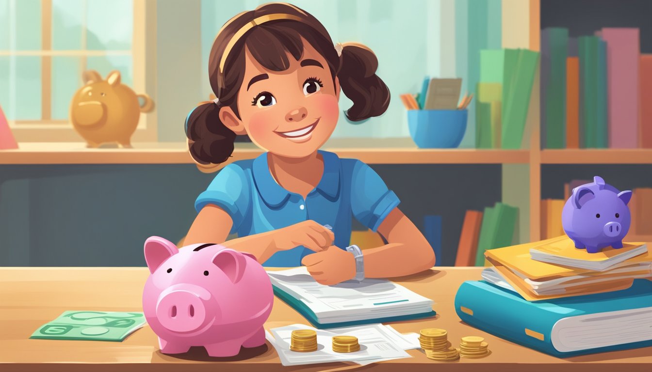 A child examines a colorful piggy bank next to a stack of coins and a savings account passbook. A smiling bank teller assists in the background