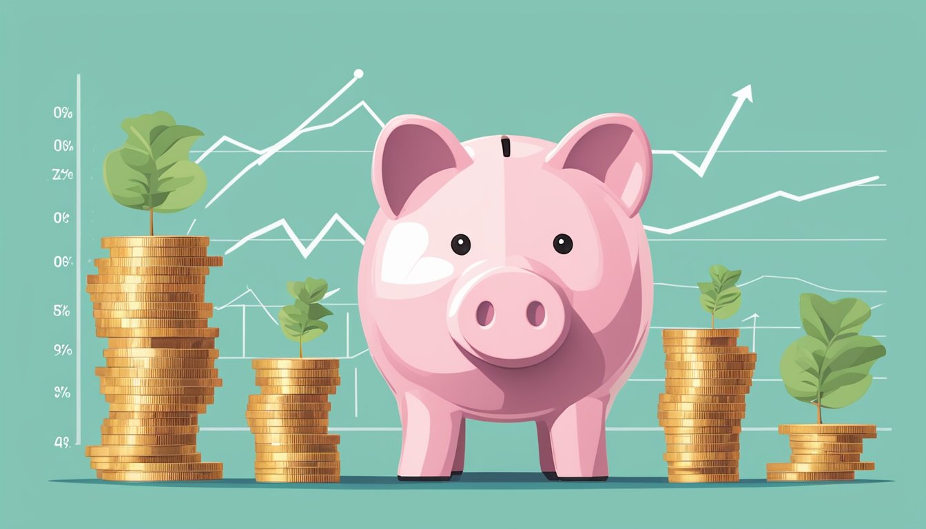 A piggy bank sits atop a stack of coins, with a growth chart in the background. Interest rate percentages are displayed prominently