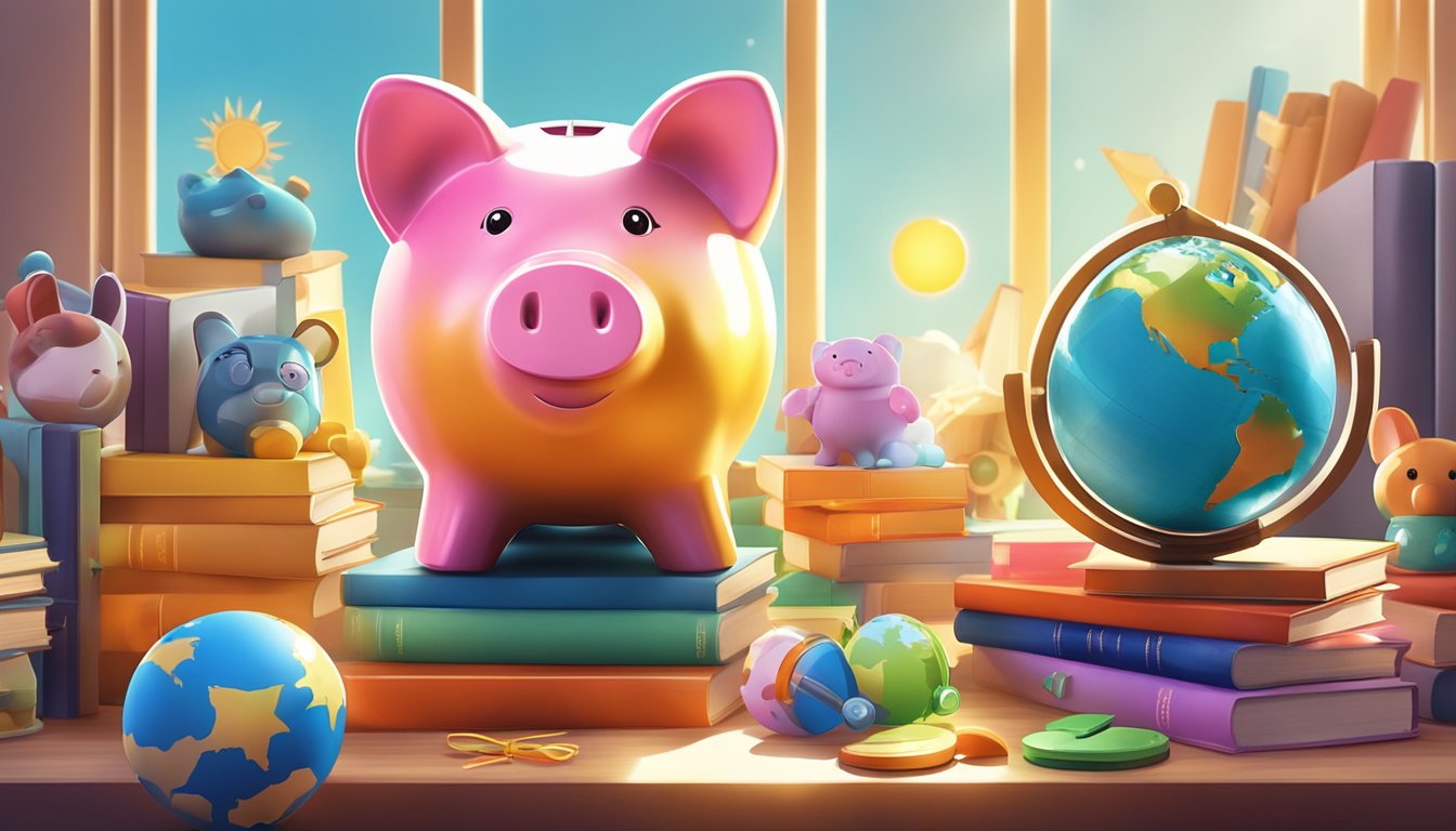 A colorful piggy bank surrounded by toys, books, and a globe, with a bright sun shining in the background