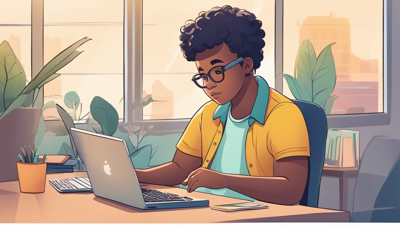 A parent sits at a desk, showing a child how to manage their savings account online. The child looks on with interest as the parent explains the process