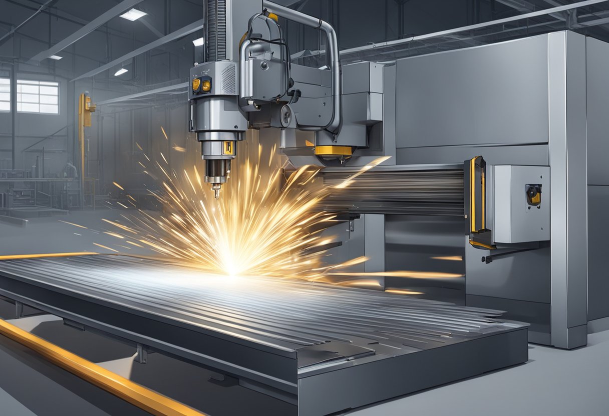 An industrial machine cuts and shapes aluminum panels. Sparks fly as the metal is molded into sheets for fabrication
