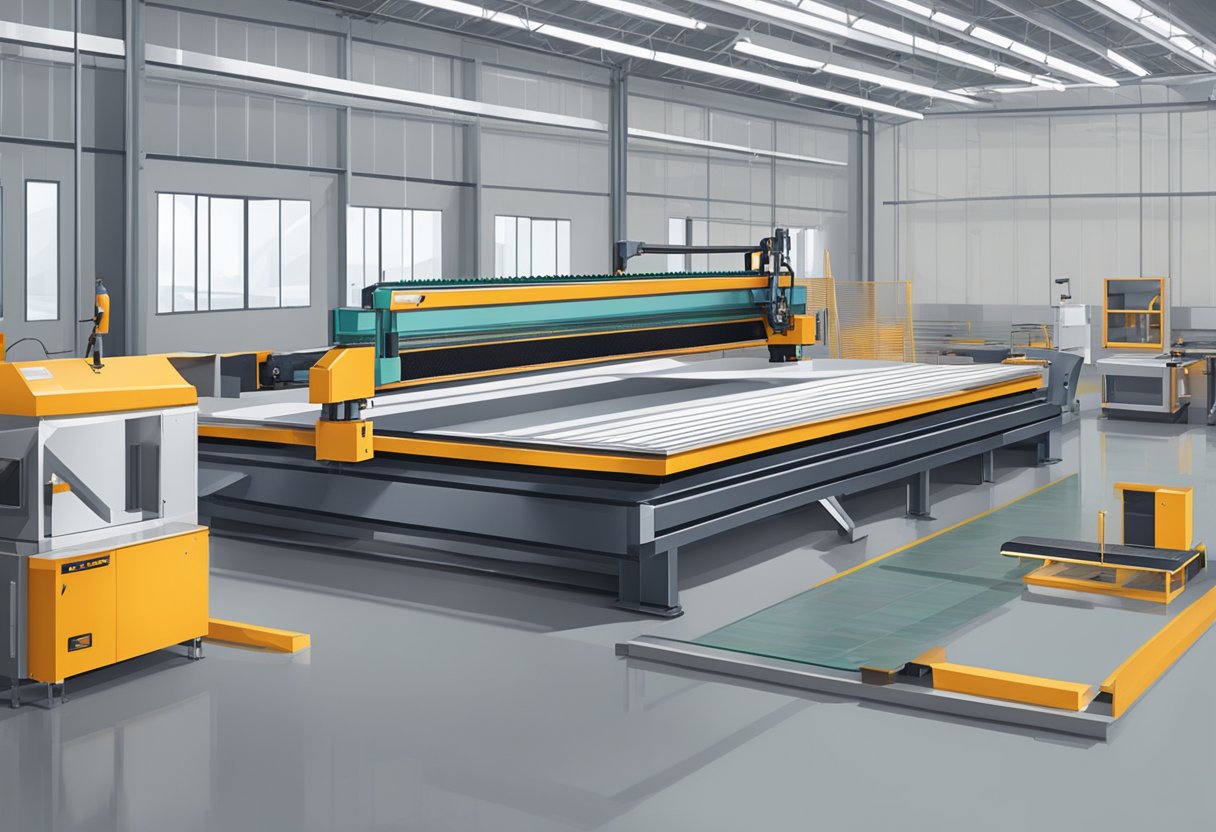 An industrial workshop with machinery cutting and shaping aluminum composite panels for fabrication