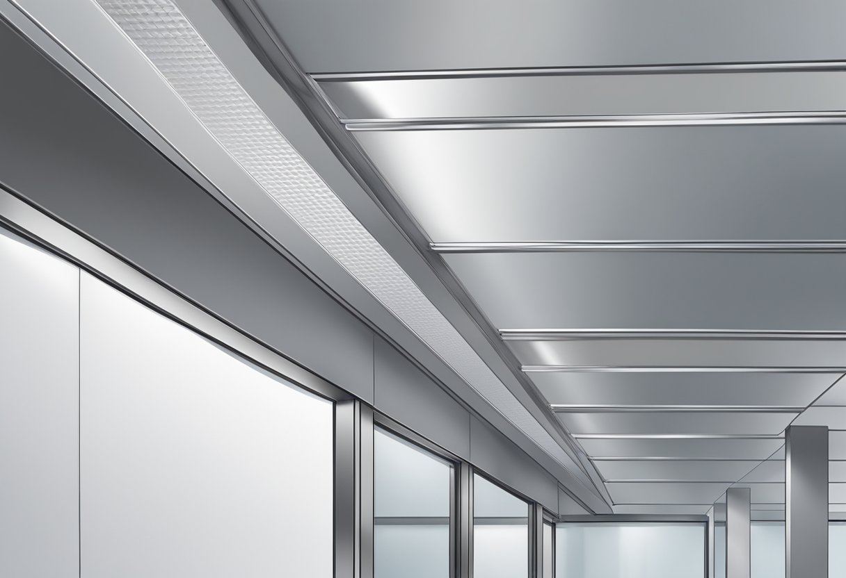 Three panels of aluminum soffit, horizontally aligned with a smooth, metallic surface and clean, straight edges