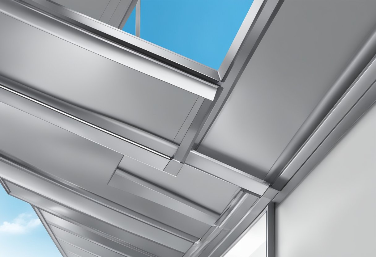 Three-panel aluminum soffit shown from above, with clean lines and smooth texture. Light reflects off the surface, creating a sleek and modern appearance
