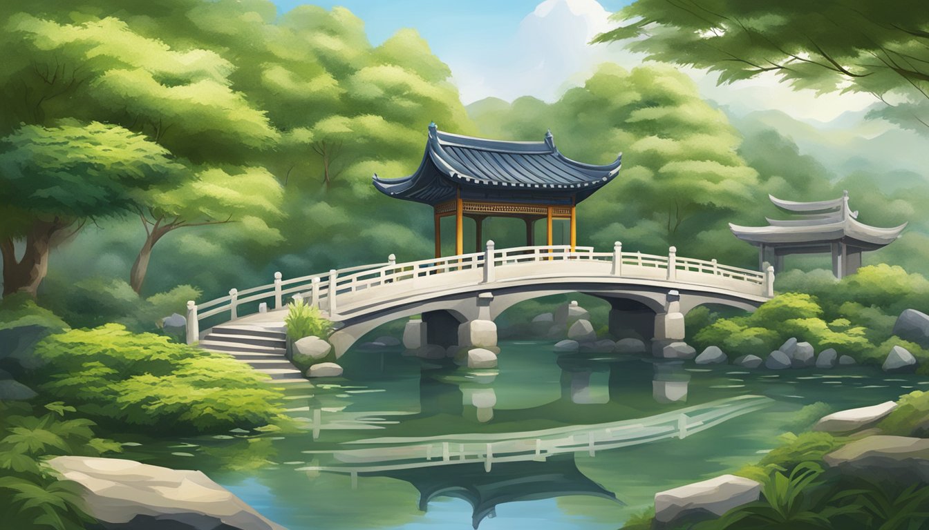 Lush greenery surrounds a serene pond with a traditional Chinese pavilion. A stone bridge crosses over the water, leading to a charming tea house. The aroma of dim sum and jasmine tea fills the air