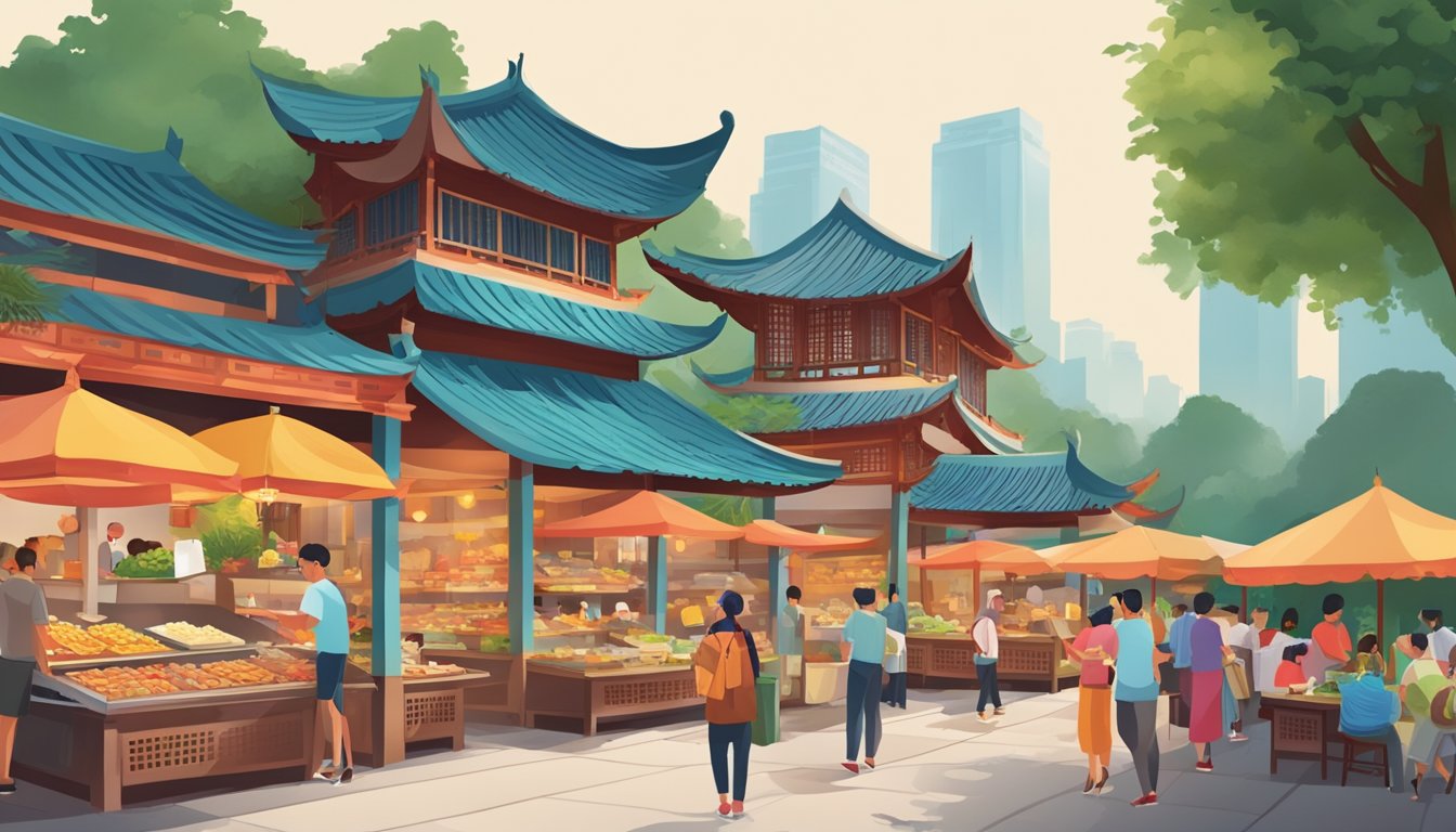 A bustling Chinese food market in the Singapore Chinese Garden, with colorful stalls selling a variety of traditional culinary delights