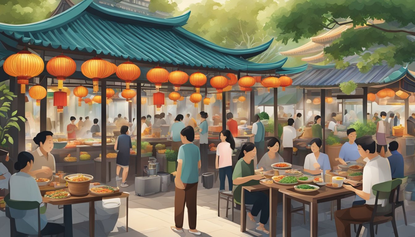 A bustling Chinese garden in Singapore, filled with colorful street food stalls and the aroma of traditional Chinese cuisine