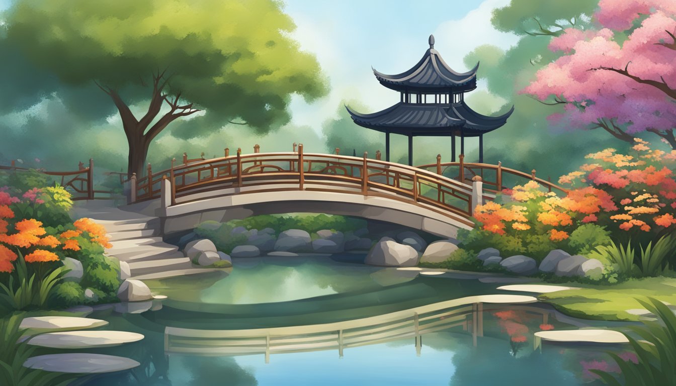 A traditional Chinese garden with a bridge over a tranquil pond, surrounded by lush greenery and vibrant flowers. In the distance, a food stall serves authentic Chinese cuisine