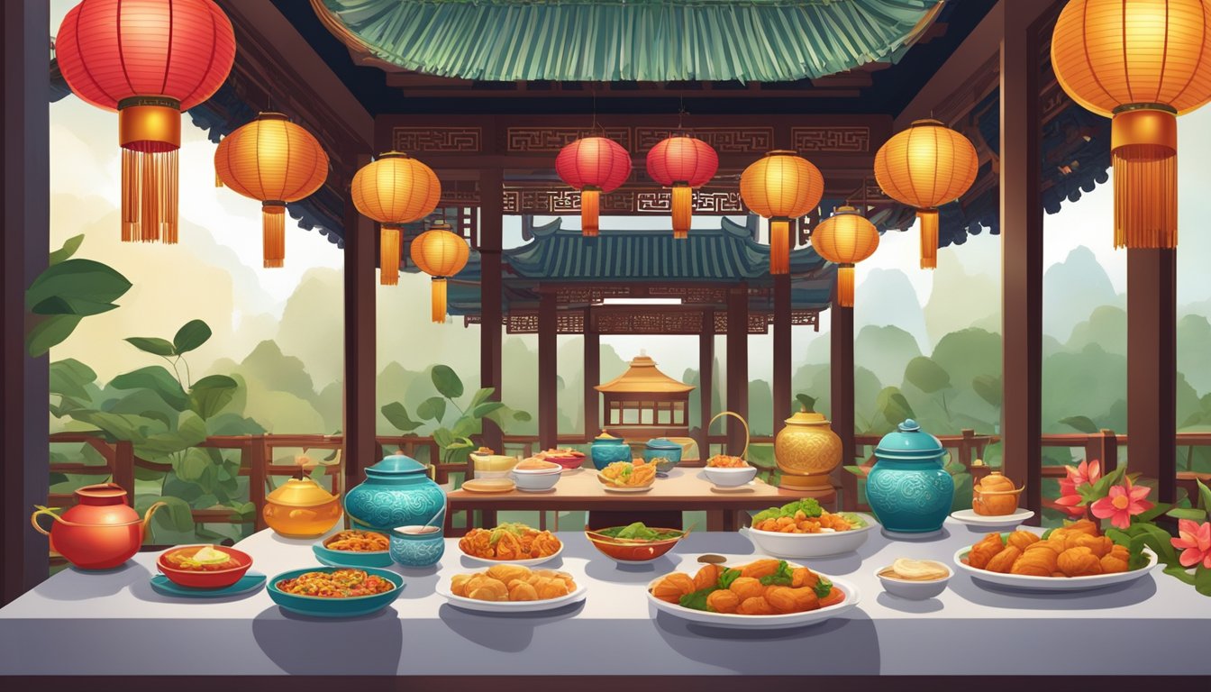 A colorful Chinese garden adorned with lanterns and traditional decorations. A table spread with a variety of delicious Chinese dishes. Festive atmosphere in Singapore
