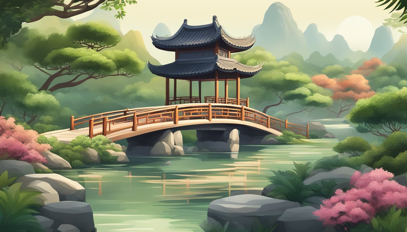 A serene Chinese garden with a traditional bridge and lush greenery. A table is set with a variety of authentic Chinese food