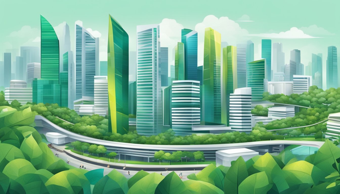 A modern city skyline with a vibrant mix of skyscrapers and green spaces, showcasing the dynamic lifestyle and urban advantages of Singapore