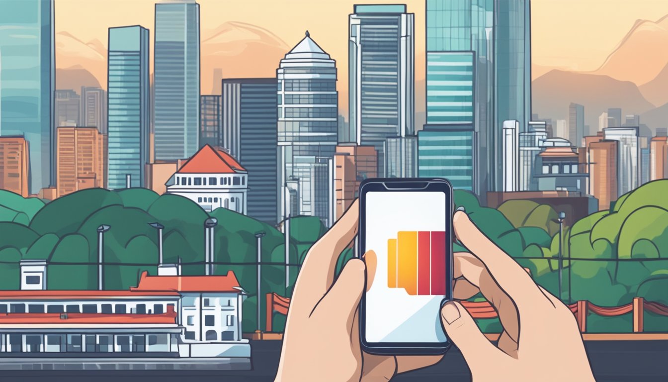 A hand holding a credit card with the words "cimb balance transfer" on the screen of a smartphone with a Singaporean cityscape in the background