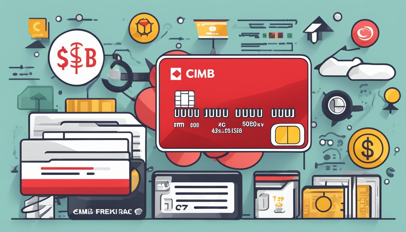 A credit card with "CIMB Balance Transfer Features" displayed, surrounded by various financial icons and symbols