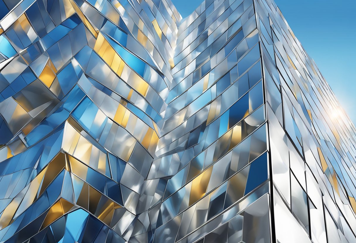 The aluminum panel facade gleams under the sunlight, reflecting the surrounding buildings and sky