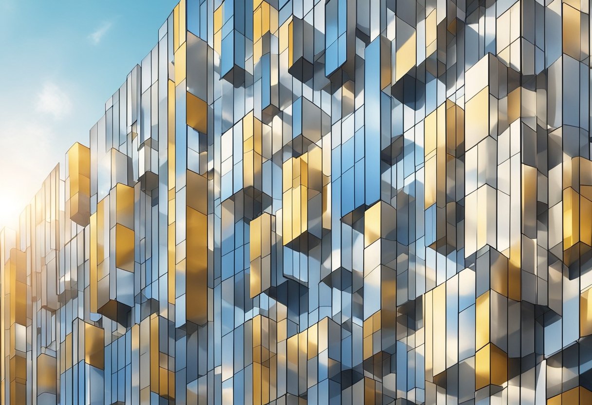 The aluminum panel facade gleams in the sunlight, reflecting the surrounding buildings and sky. The panels are arranged in a sleek, modern pattern, creating a sense of depth and texture