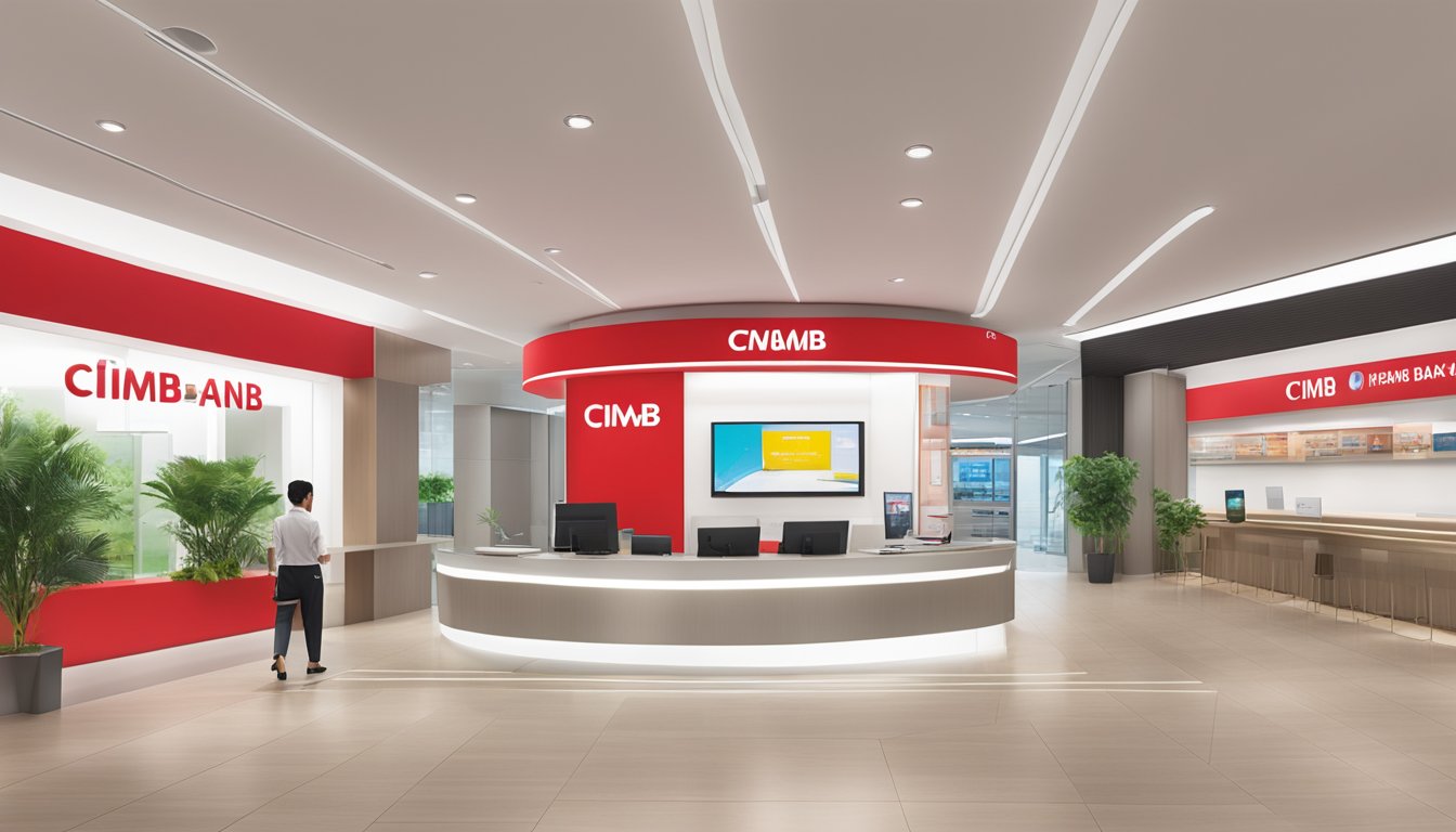 A bright and modern Cimb Bank branch in Singapore, with a sleek and welcoming interior design, featuring a prominent display of the bank's logo and signage