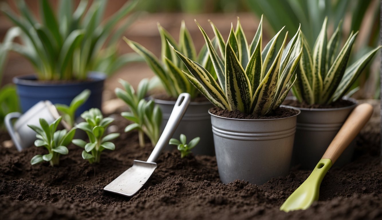 Snake plants placed in soil-filled pots, with roots carefully spread. Watering cans and gardening tools nearby