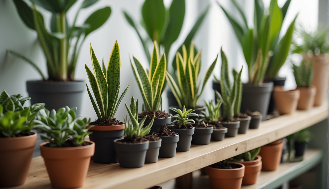 Snake plants being propagated through division and leaf cuttings in a bright, airy space with pots, soil, and gardening tools