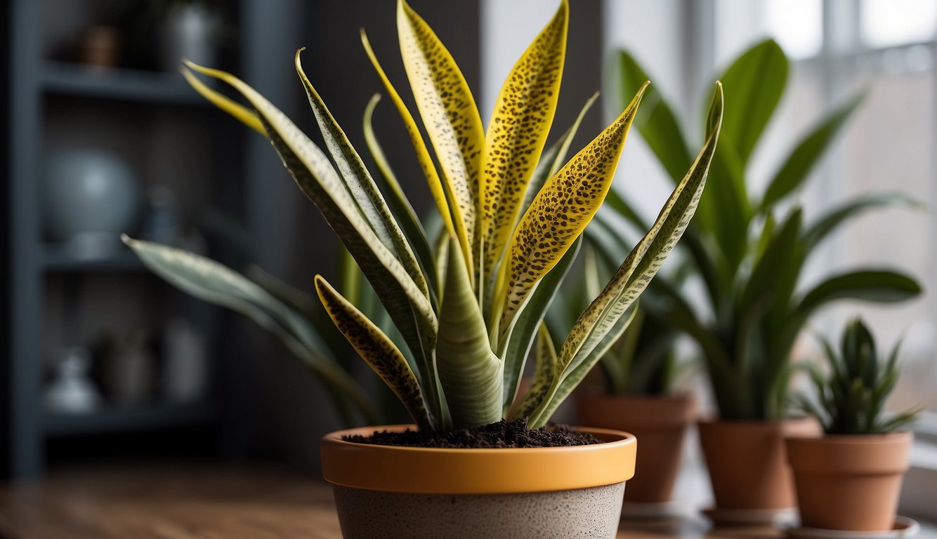 A snake plant with yellowing leaves and root rot sits in a pot. Nearby, a plant care guide lists common issues