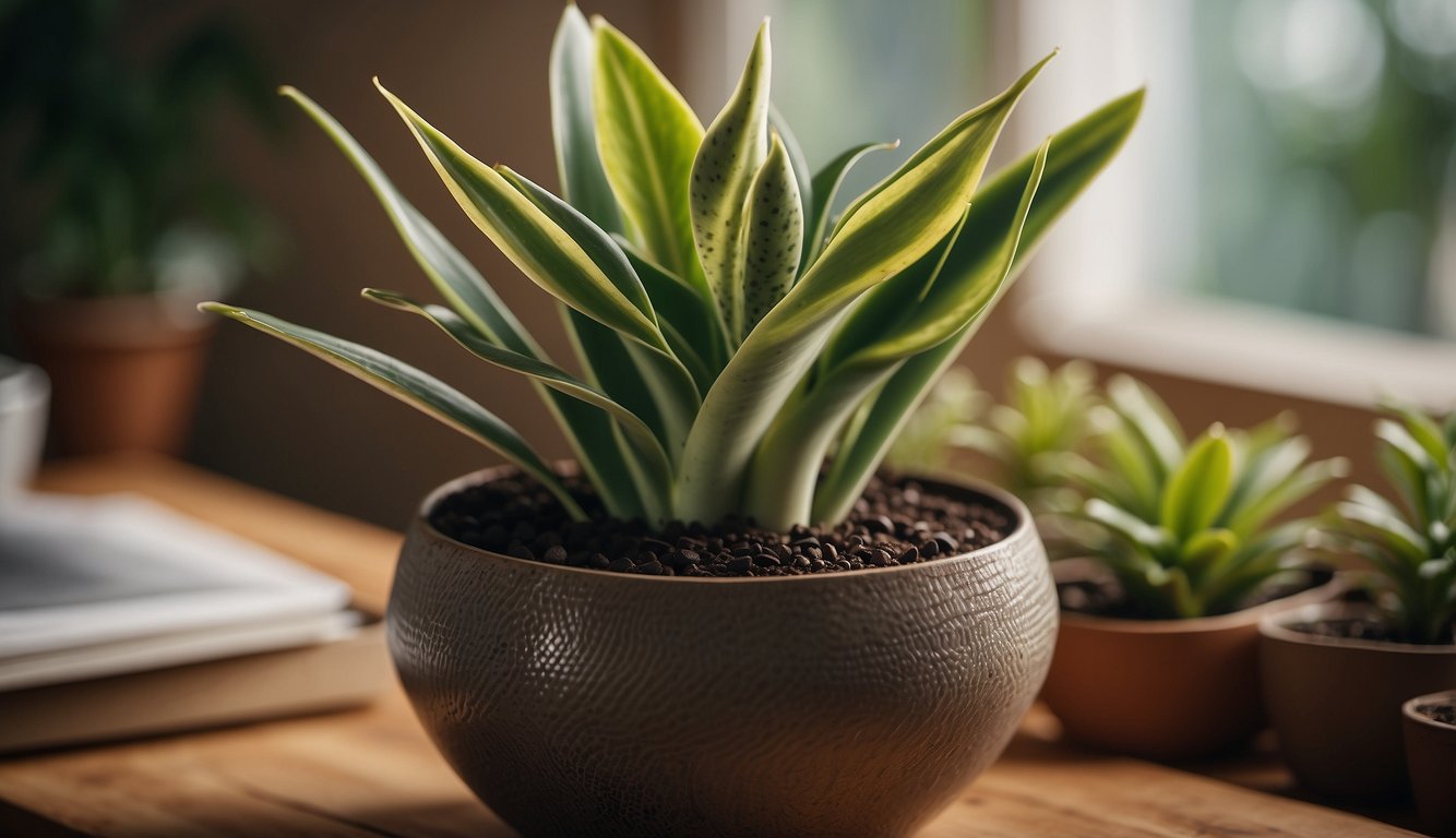 A snake plant is being carefully divided, with each section placed in a new pot filled with well-draining soil. Water is added sparingly to avoid over-saturation