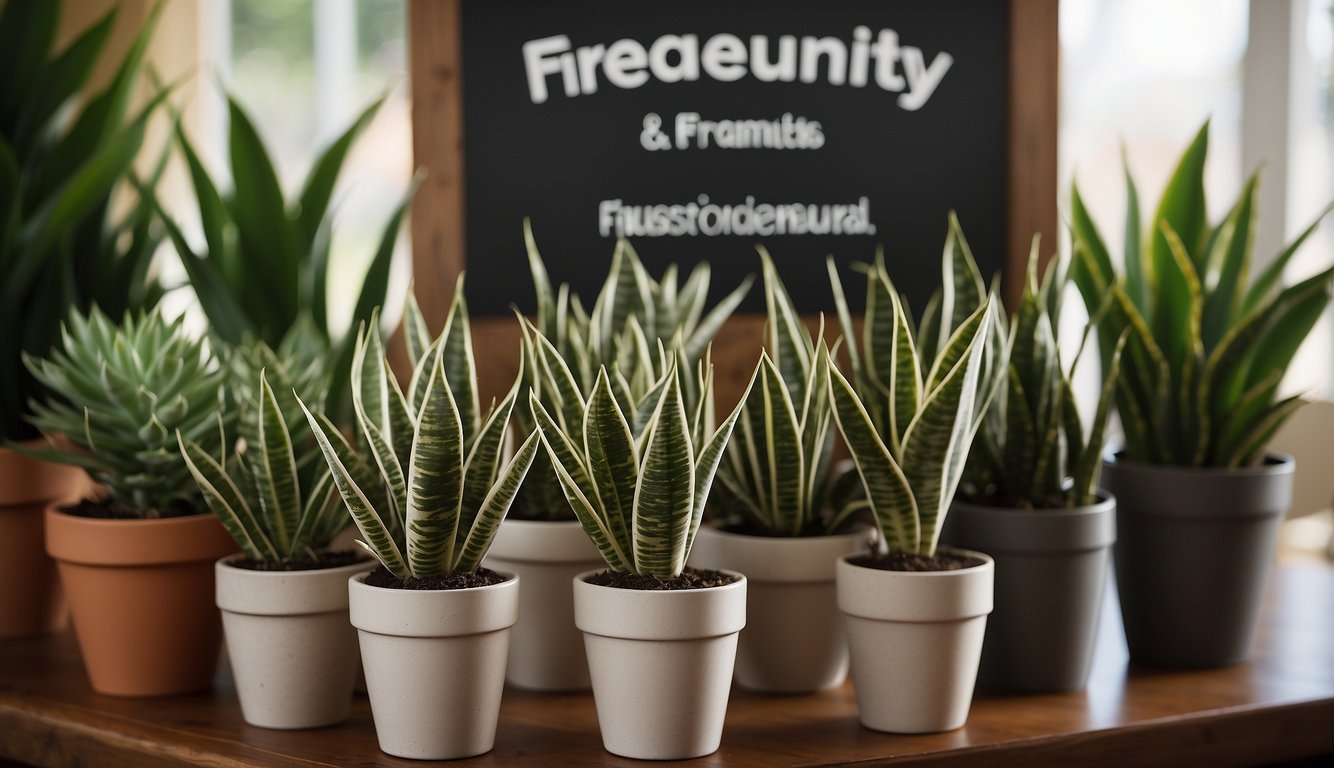 Snake plants arranged in pots, with a sign reading "Frequently Asked Questions" next to them