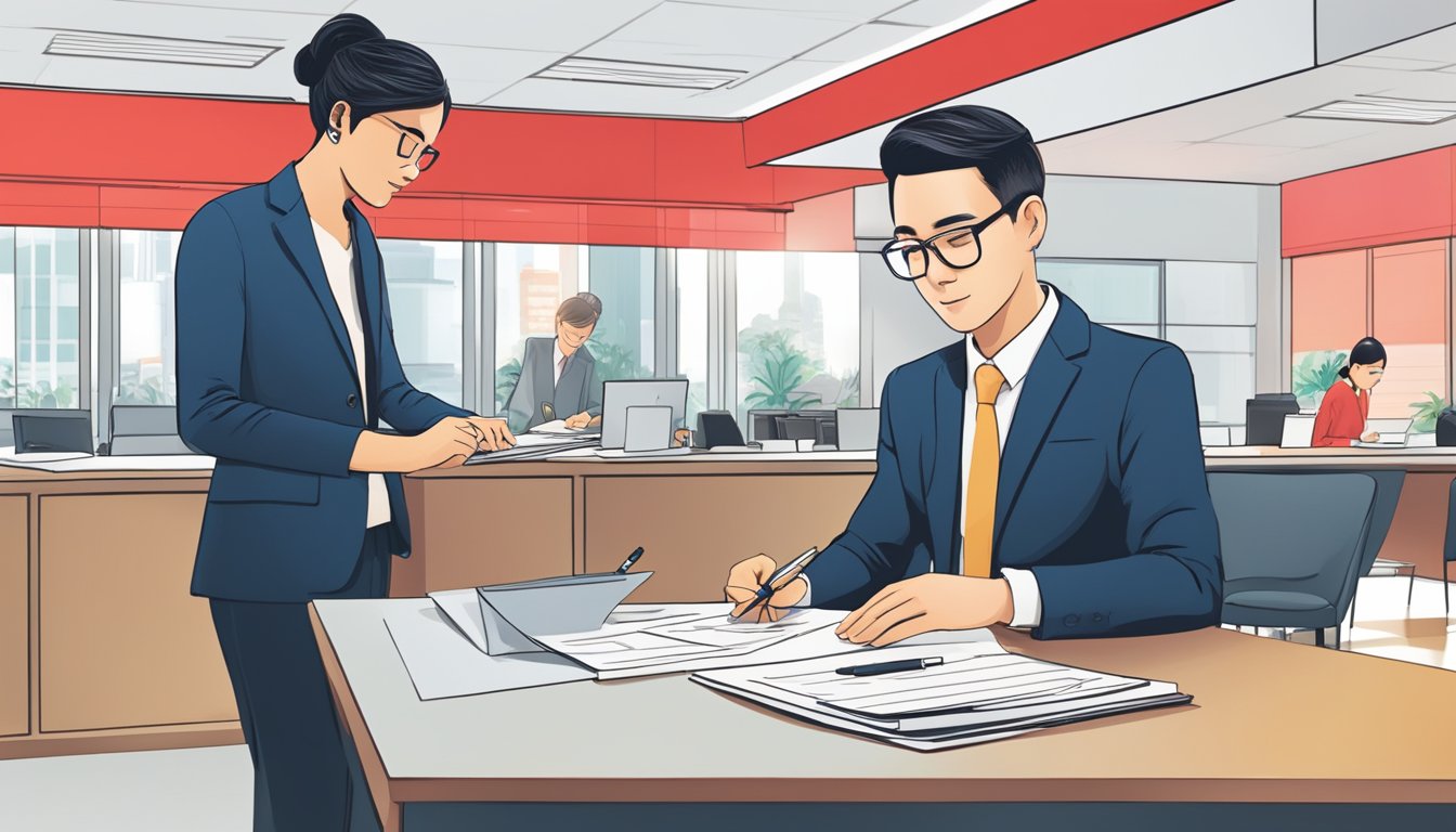 A person sitting at a desk, filling out paperwork with a pen, while a bank representative assists them in opening a new account at CIMB Bank in Singapore