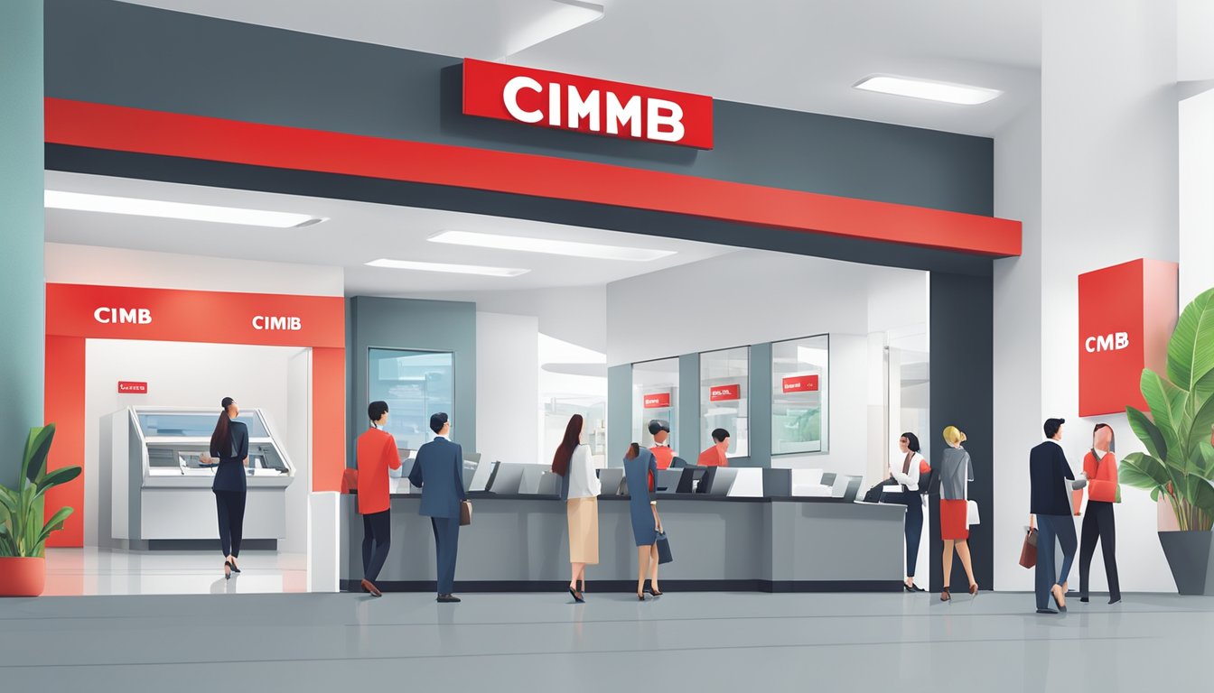 A modern, sleek bank branch with the "CIMB Bank" logo prominently displayed. Customers are seen opening accounts and discussing financial services with staff