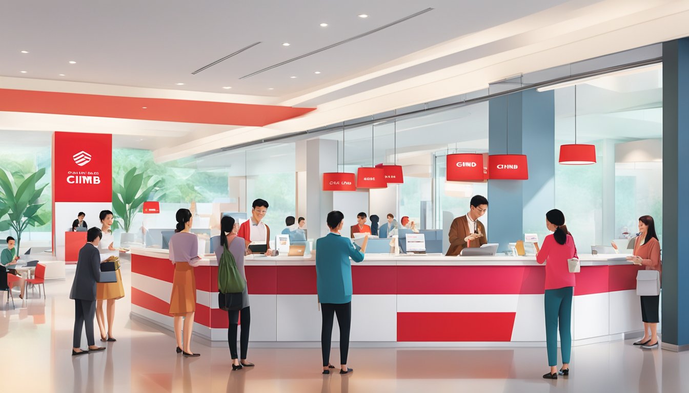 Customers receiving gift cards and vouchers from CIMB Bank staff in a modern, bright open-plan branch in Singapore