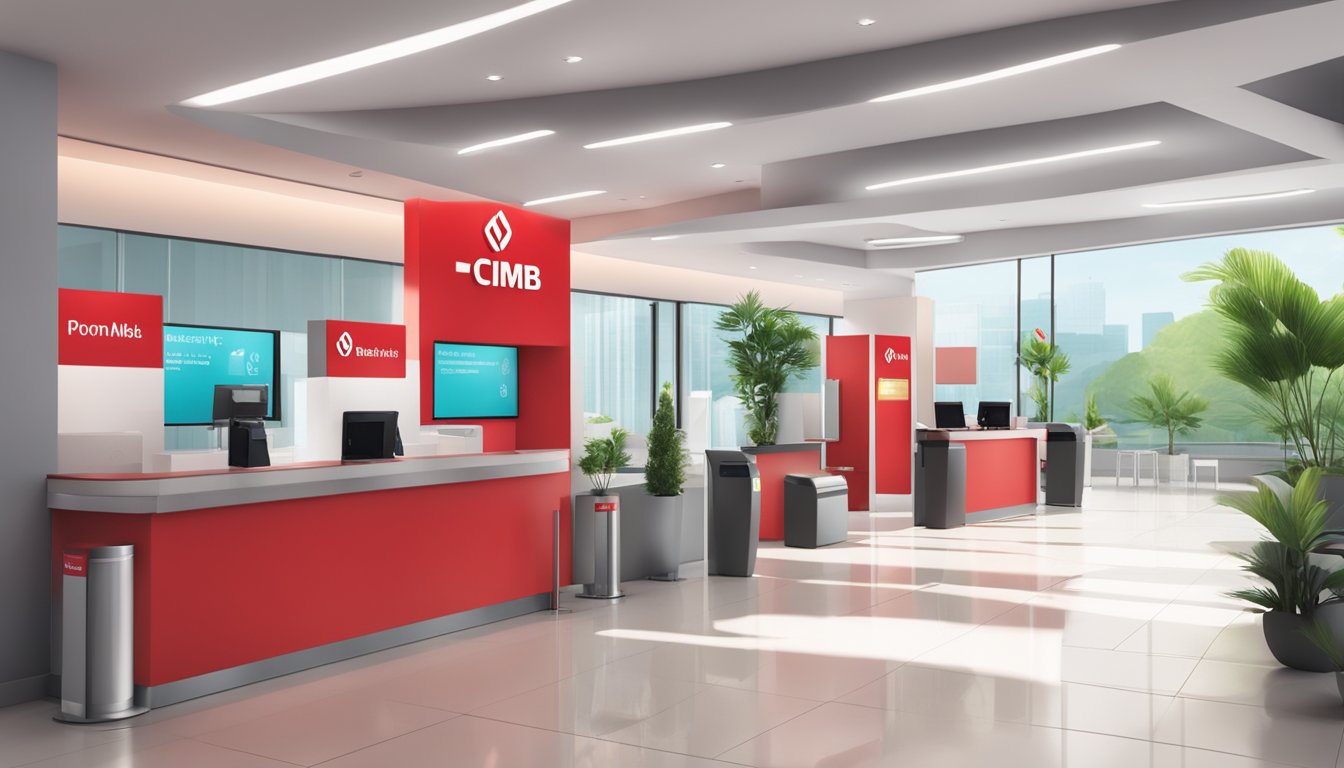 A modern bank branch with a welcoming reception area and digital kiosks for account opening. Bright and spacious with the Cimb Bank logo prominently displayed