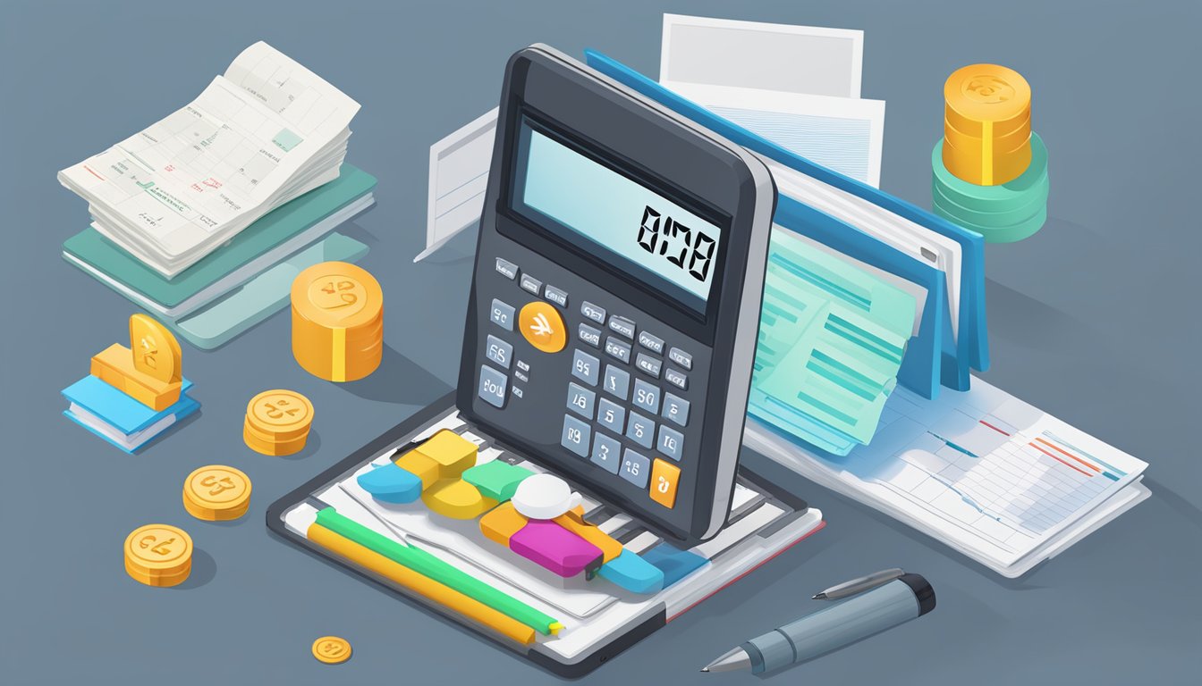 A calculator with the Cimb Bank logo displayed on a computer screen, surrounded by financial documents and a pen