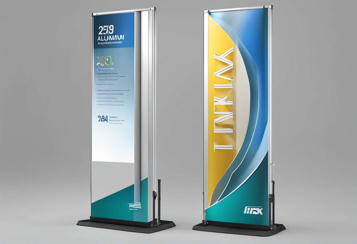 A 5x10 aluminum composite panel stands upright, reflecting light, with standard dimensions