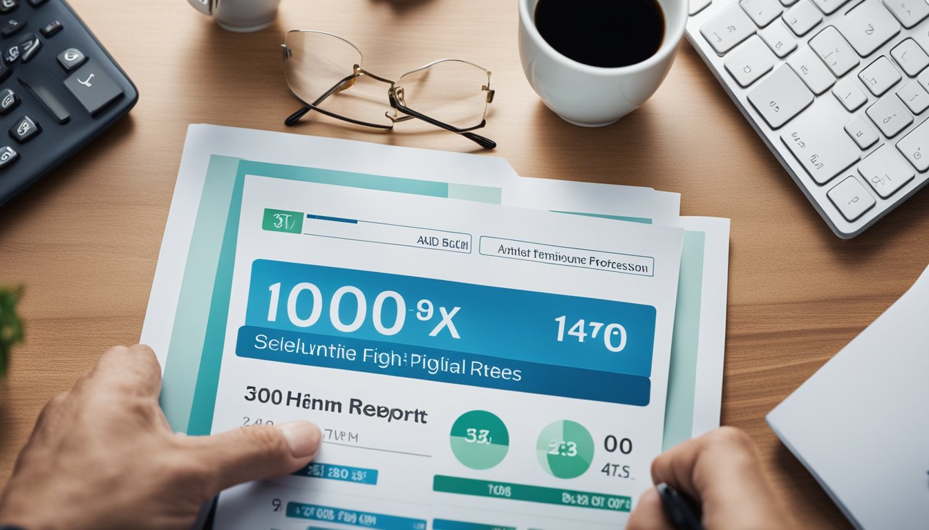 A person with a high credit score receiving better loan terms and lower interest rates. Multiple credit report documents displayed with positive ratings and financial stability indicators