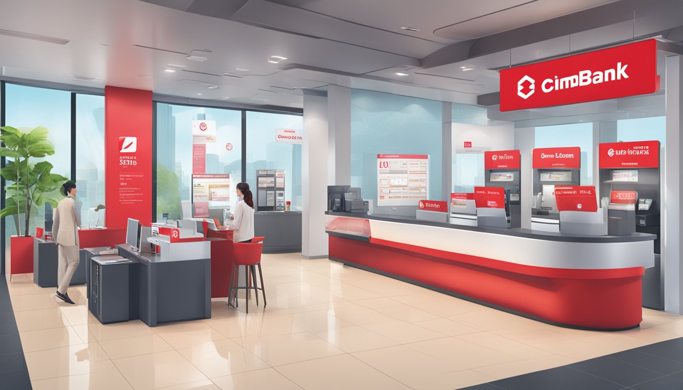 A bright and inviting bank branch with banners promoting CIMB Bank promotions and offers. The personal loan calculator is displayed prominently