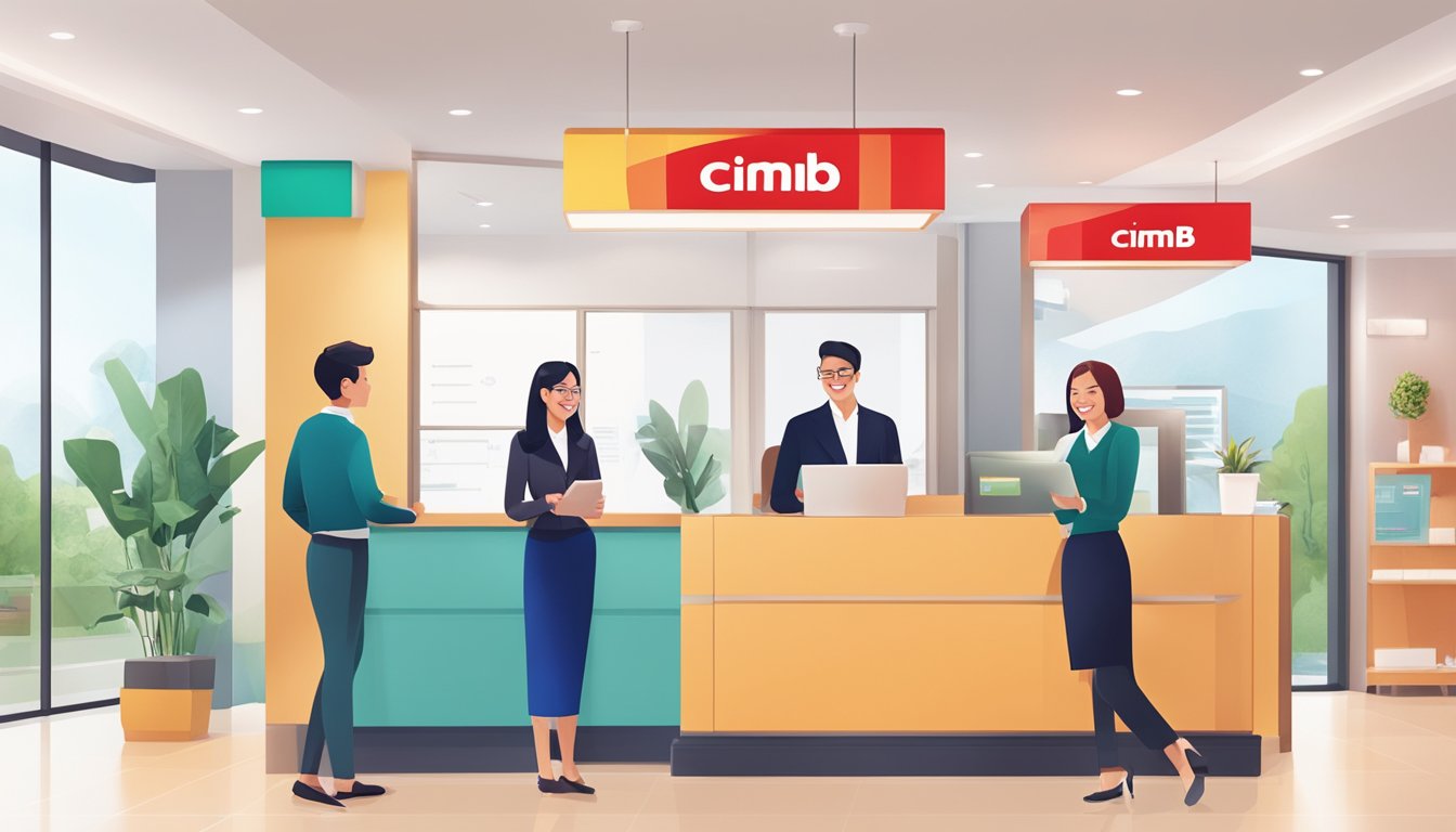 A bright, modern bank branch with a friendly atmosphere. A customer service representative explains the benefits of CIMB CashLite Personal Loan to a smiling customer
