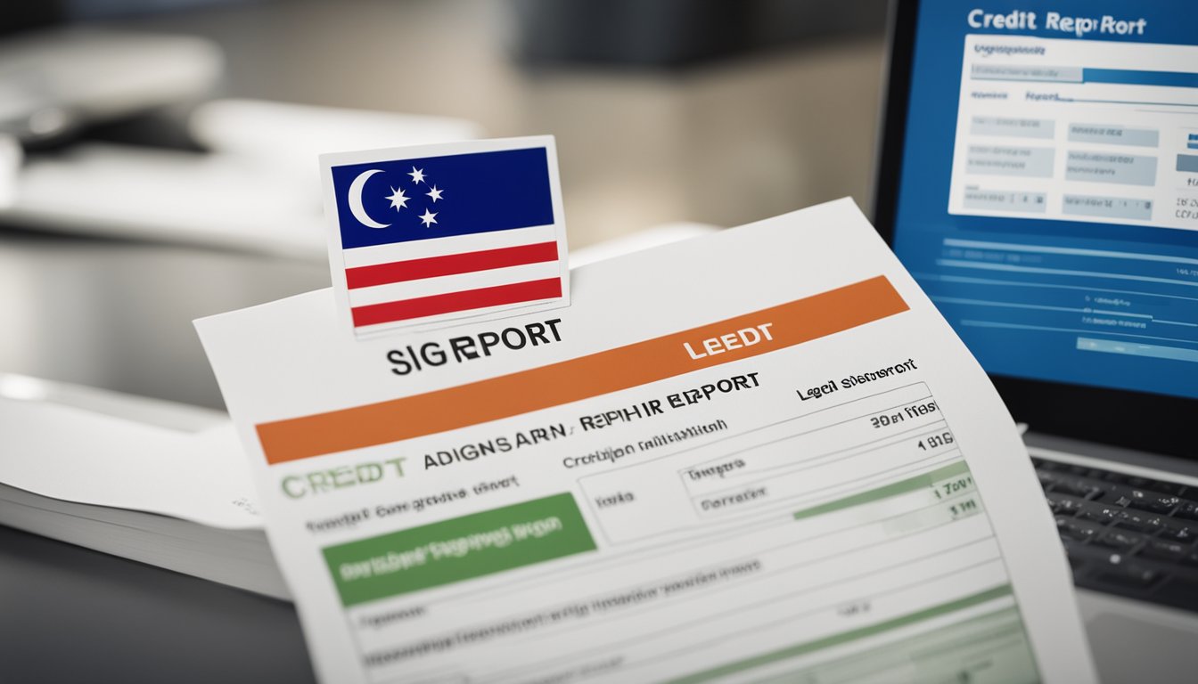 A stack of legal documents and a computer screen displaying a credit report, with the Singapore flag in the background