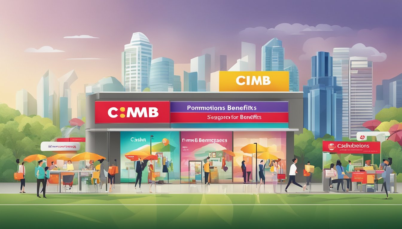 A colorful banner displays "Promotions and Benefits" for CIMB Cashlite in Singapore, with attractive offers and perks highlighted