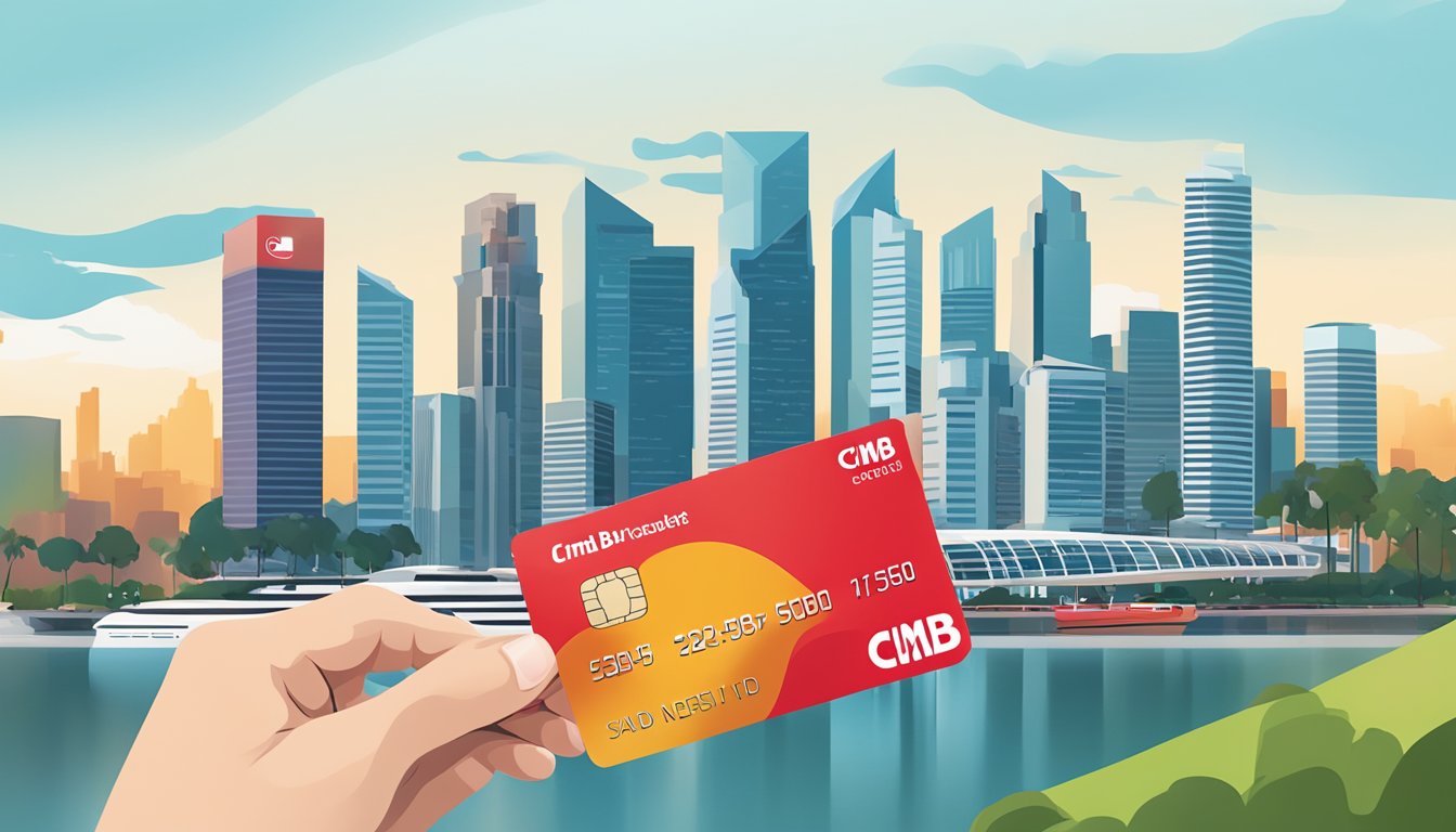 A hand holding a Cimb credit card with the Singapore skyline in the background