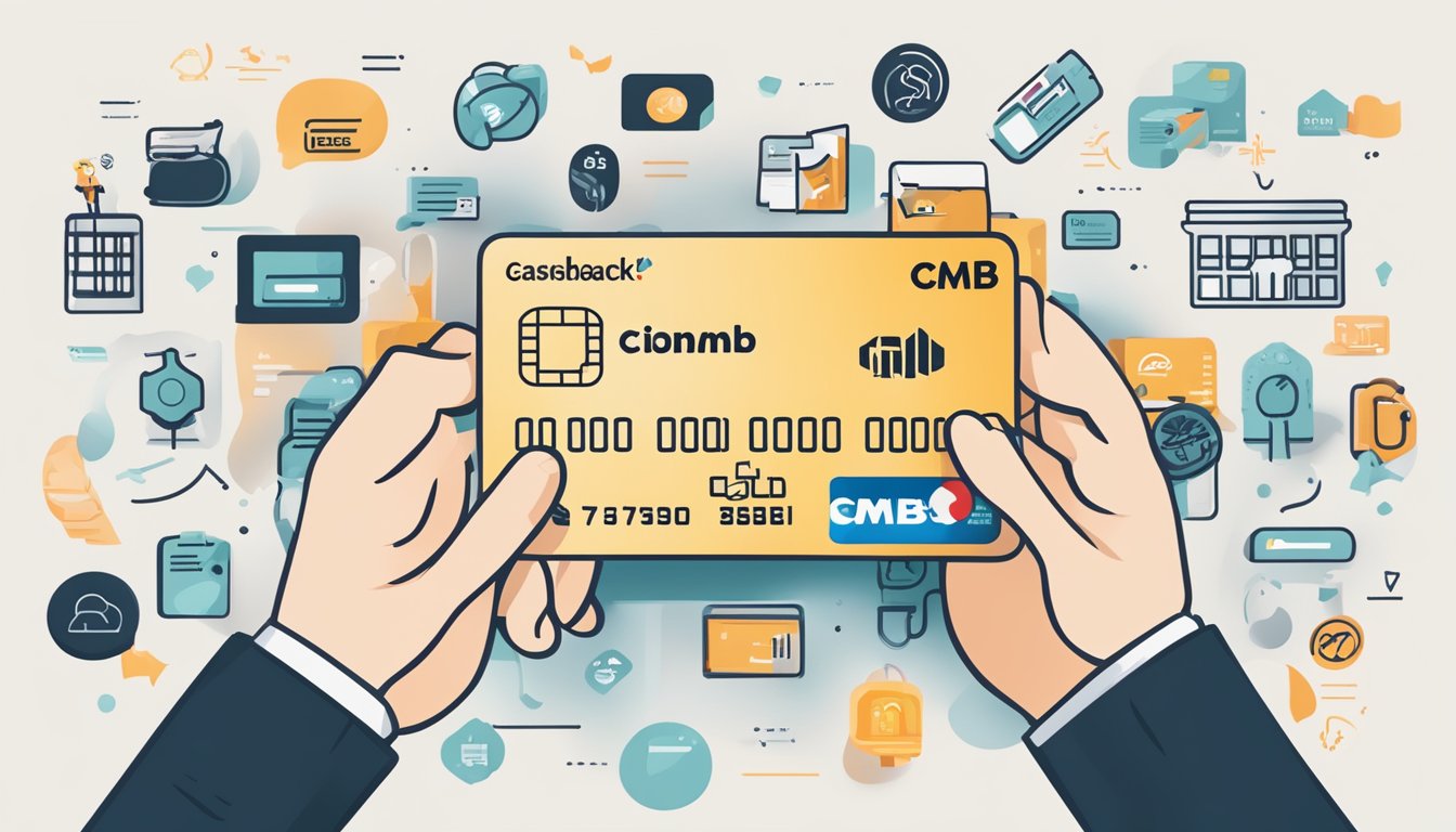 A hand holding a CIMB credit card, surrounded by icons representing various features such as cashback, rewards, and discounts