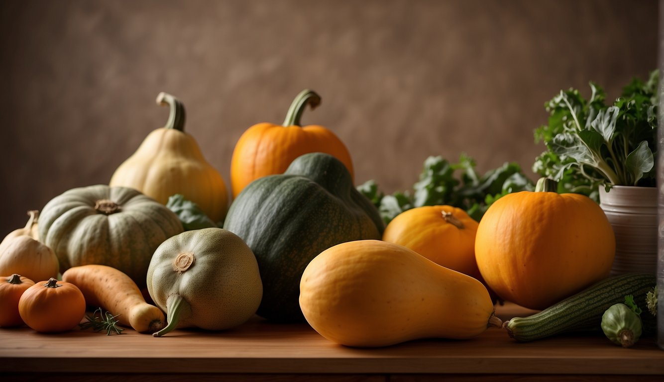 A butternut squash sits on a kitchen shelf, surrounded by other produce. The room is warm and well-lit, with a calendar on the wall indicating the current date