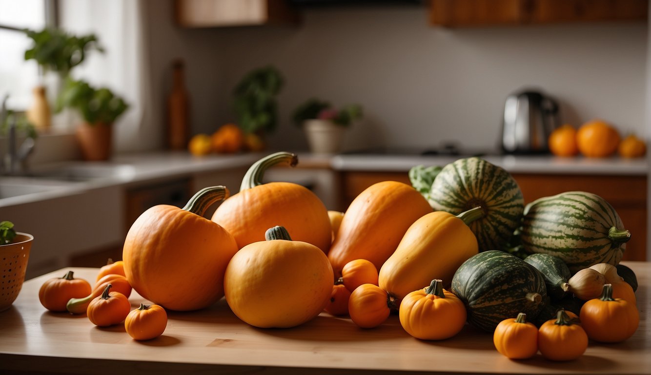 A butternut squash sits on a kitchen counter, surrounded by other produce. It is firm and smooth, with a deep orange color and a long, curved shape