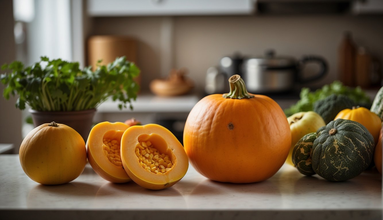 A butternut squash sits on a kitchen counter, surrounded by various other fruits and vegetables. The squash appears fresh and unblemished, ready to be used in a recipe