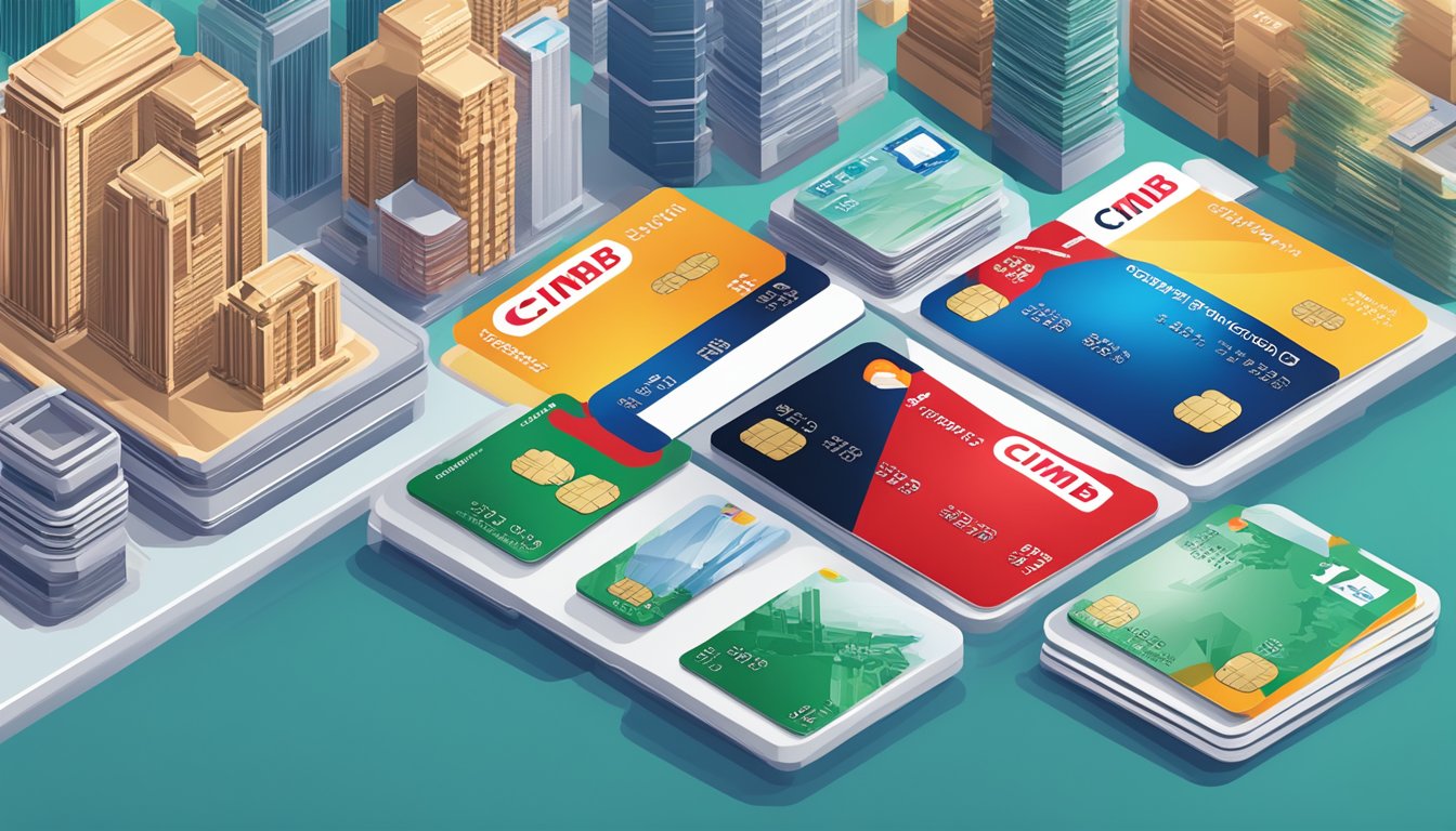 A stack of credit cards with the CIMB logo surrounded by various rewards and promotions, with the Singapore skyline in the background