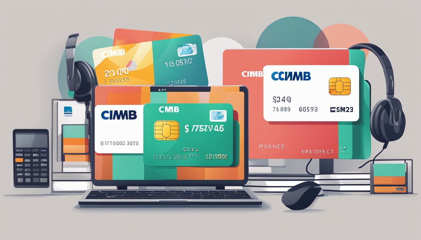 A stack of credit cards with the CIMB logo, a computer screen displaying FAQs, and a customer service representative's headset