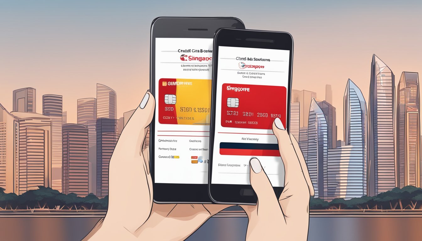 A person's hand holding a smartphone with the CIMB credit card application status displayed on the screen, with the iconic Singapore skyline in the background