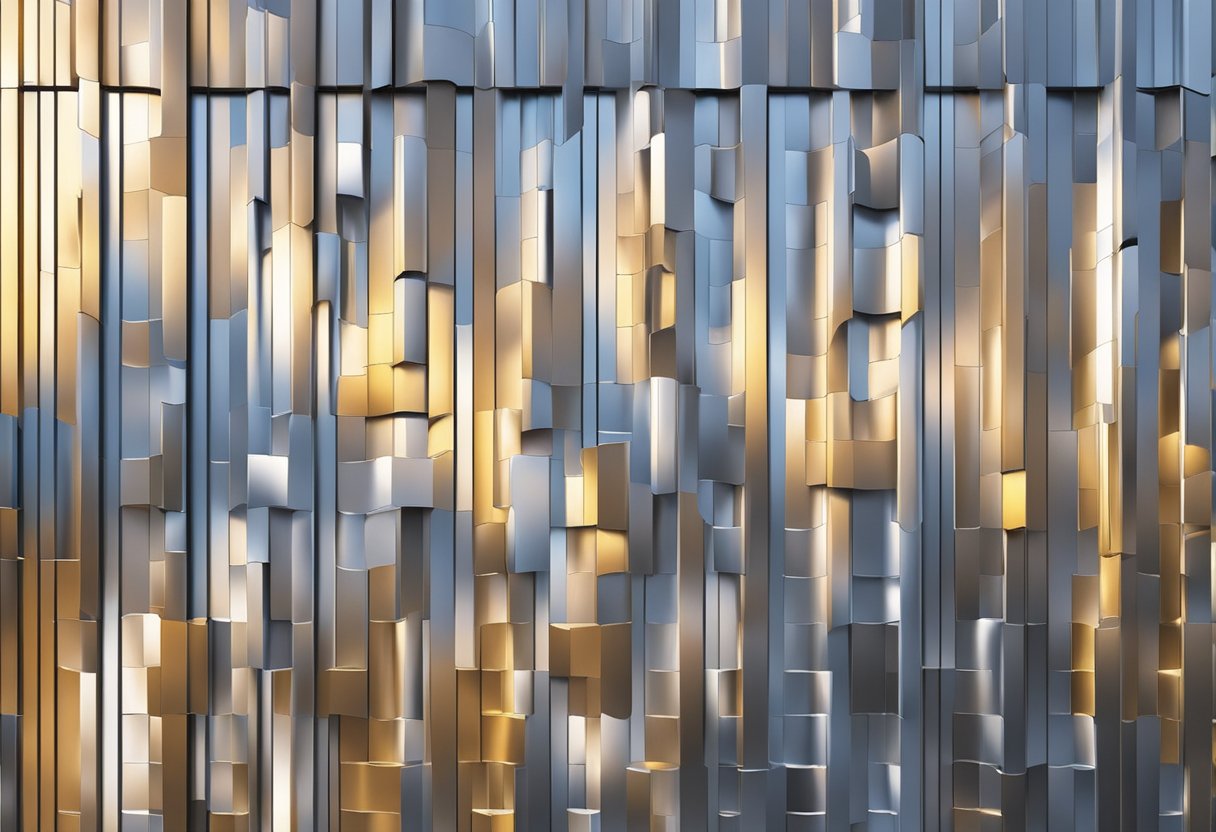 A textured aluminum panel catches the sunlight, casting intricate shadows and reflecting the surrounding environment