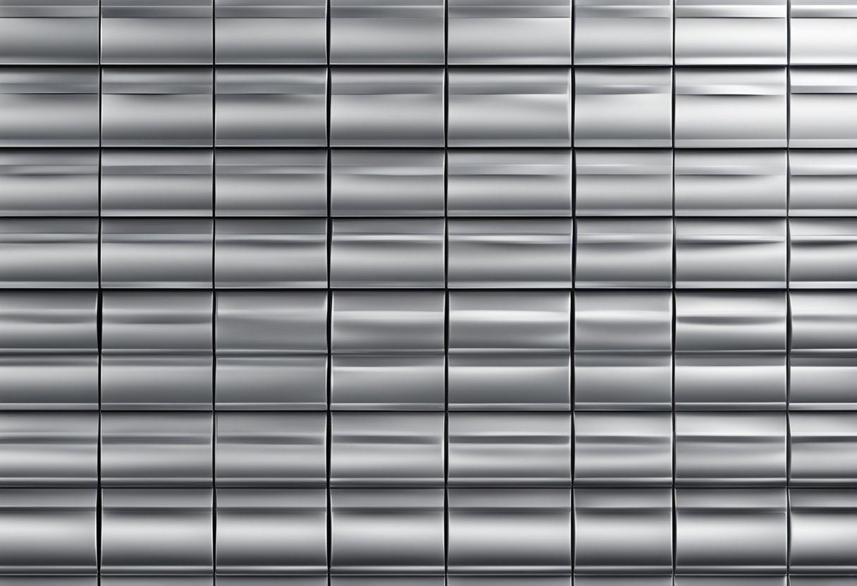 Textured aluminum panels stacked in rows, catching light and casting shadows. Variations in surface create depth and interest